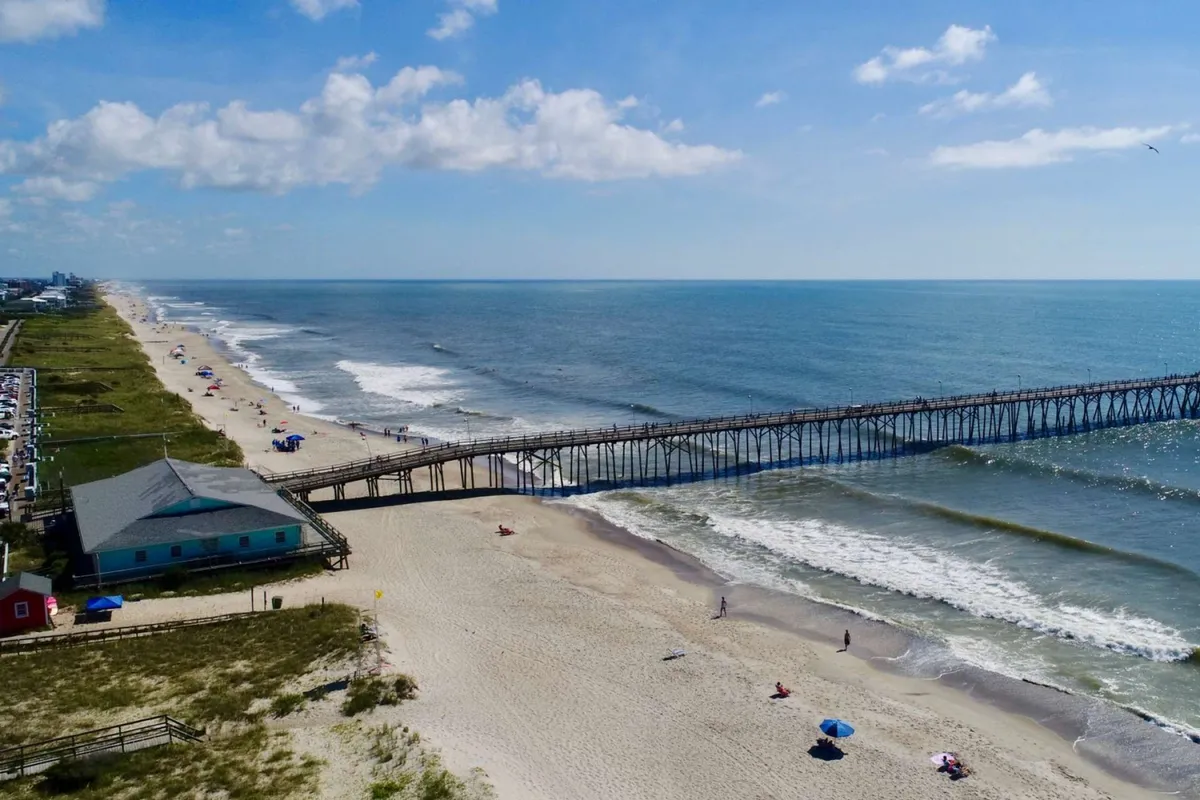 A vibrant coastal scene featuring a pier extending over the ocean, clouds dotting the sky, and people walking and sunbathing on the sandy beach. The area bustles with activity, from families enjoying beach days to visitors strolling the pier, capturing the social energy and leisure opportunities nearby.