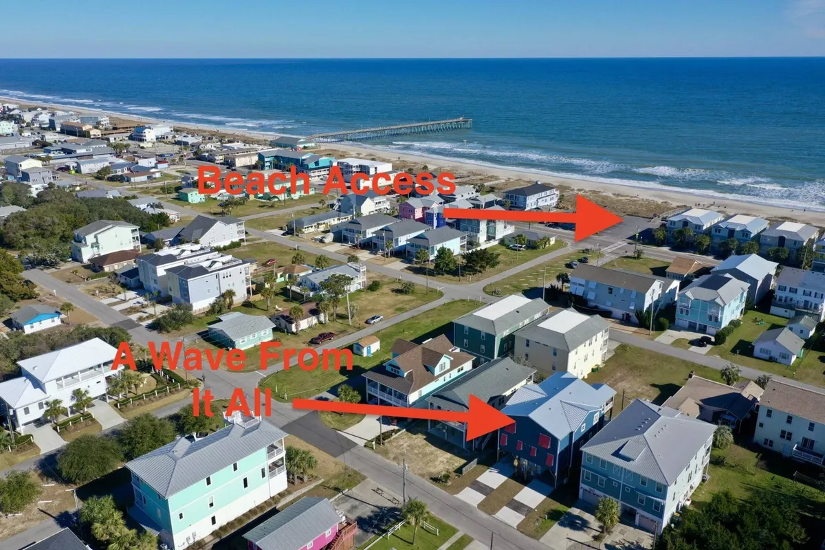 This exterior scene captures easy beach access with colorful beach houses in the foreground and the Kure Beach pier extending into the ocean. Families and children are visible playing in the sand, while others enjoy fishing and strolling on the pier, all under a cheerful, relaxed atmosphere.
